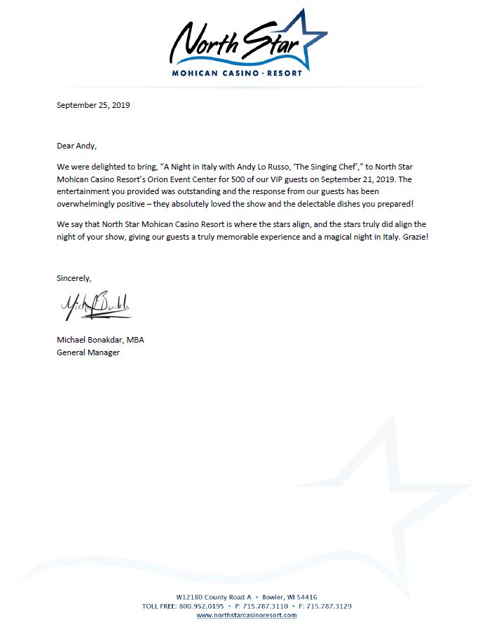 North Star Casino Thank You Letter