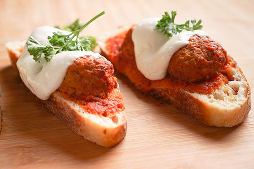 Turkey Meatball Open Faced Sandwiches With Buffalo Mozzarella and Tomato Basil Sauce